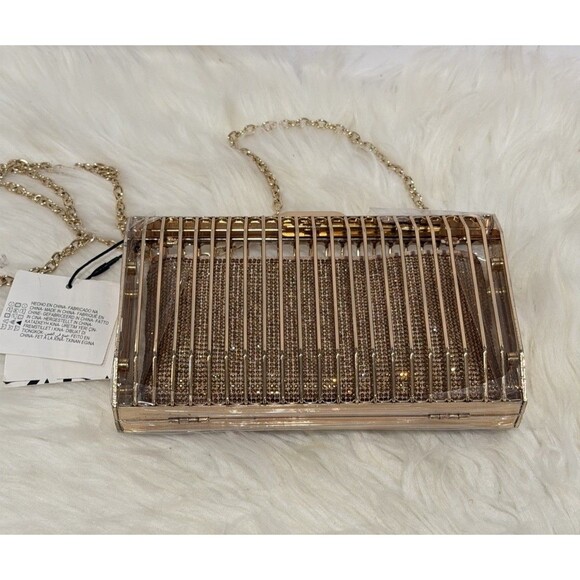 Zara Limited Edition Rhinestones Metallic Golden Cage Style Box Clutch Bag Chain - Picture 8 of 14